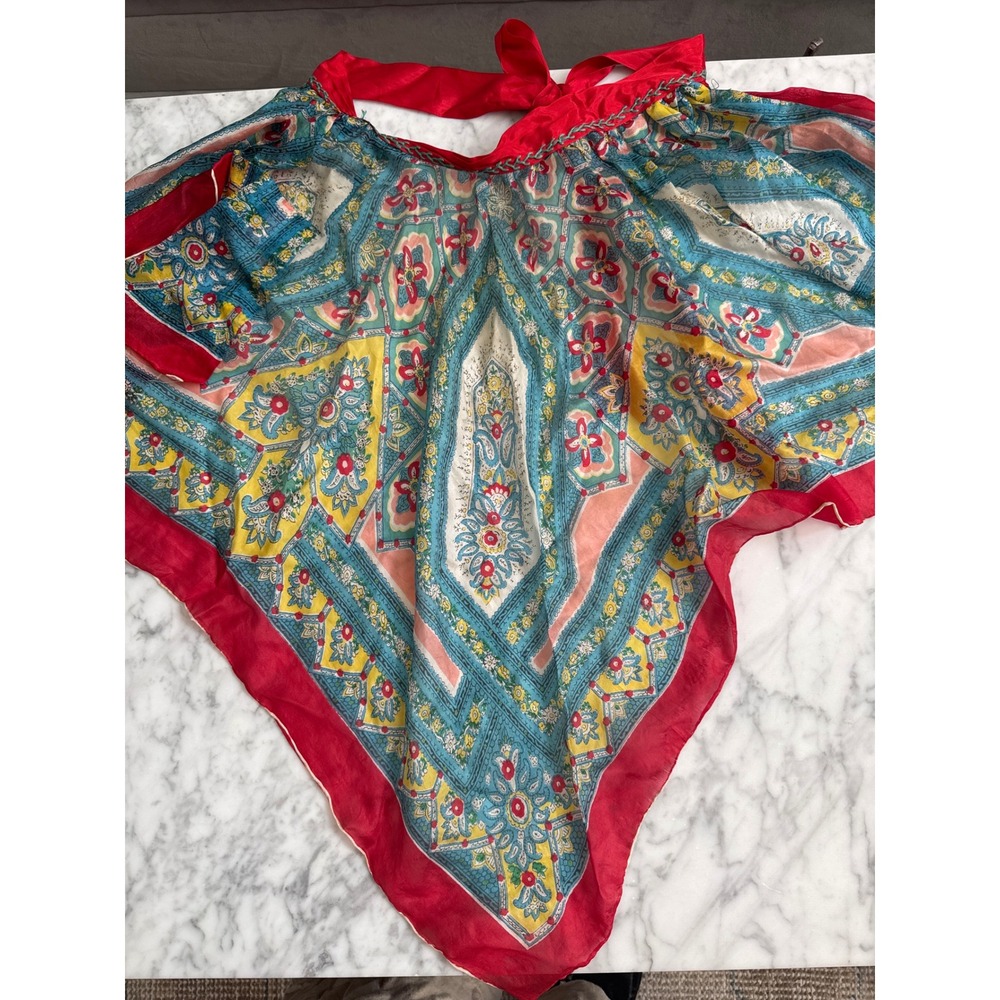 Vintage Ritz Pure Silk Apron Made in Japan Hand Rolled Paisley Floral Red Blue